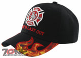 FD FIRE DEPARTMENT FIRST IN LAST OUT SIDE FLAME CAP HAT BLACK