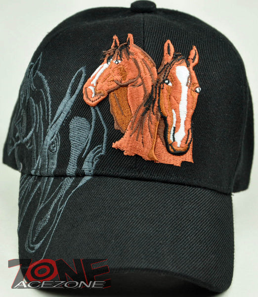 NEW! TWO HORSE SHADOW COWBOY COWGIRL SPORT RODEO CAP HAT BLACK