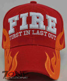 FIRE DEPT FIRE FIRST IN LAST OUT FLAMES CAP HAT RED