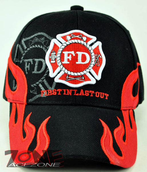 FD FIRE DEPT FIRST IN LAST OUT FLAMES N1 CAP HAT BLACK
