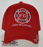 FD FIRE DEPT FIRST IN LAST OUT SHADOW N1 CAP HAT RED