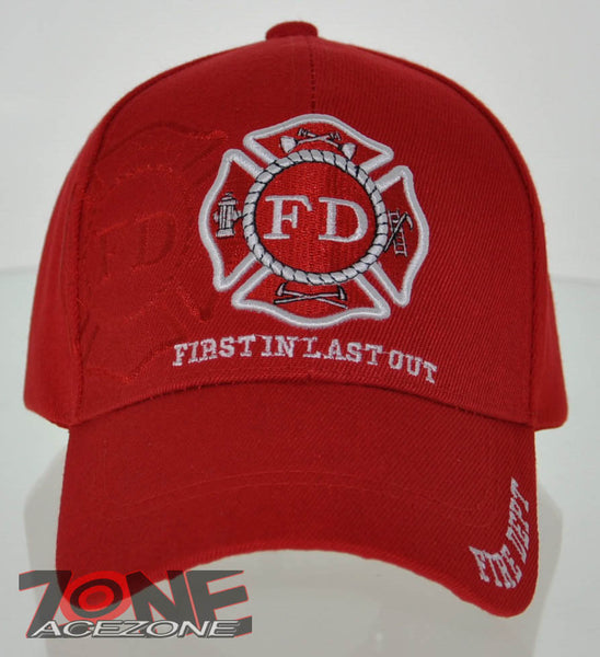 FD FIRE DEPT FIRST IN LAST OUT SHADOW N1 CAP HAT RED