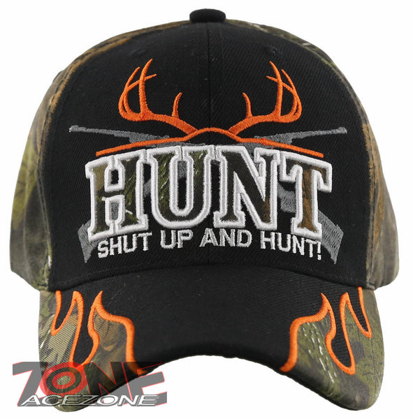 HUNT SHUT UP AND HUNT! DEER OUTDOOR HUNTING BALL CAP HAT BLACK FOREST CAMO