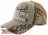 HUNT SHUT UP AND HUNT! DEER OUTDOOR HUNTING BALL CAP HAT TAN SAND FOREST CAMO