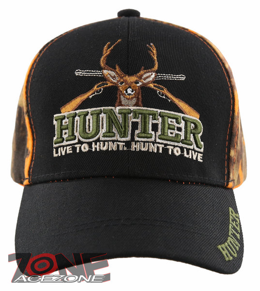 HUNTER LIVE TO HUNT DEER BUCK OUTDOOR SPORTS CAP HAT BLACK ORANGE CAMO