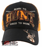 BORN TO HUNT FORCED TO WORK DEER BUCK HUNTING CAP HAT BLACK ORANGE CAMO
