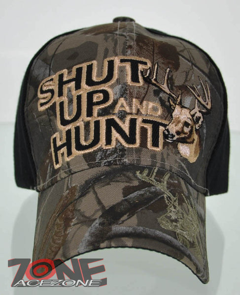 NEW! SHUT UP AND HUNT HUNTER HUNT DEER BUCK OUTDOOR SPORTS CAP HAT CAMO BLACK