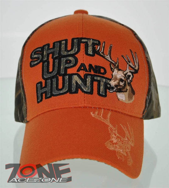 NEW! SHUT UP AND HUNT HUNTER HUNT DEER BUCK OUTDOOR SPORTS CAP HAT ORANGE CAMO