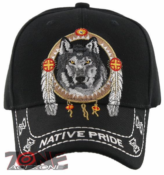 NEW! NATIVE PRIDE INDIAN AMERICAN WOLF FEATHERS CAP HAT BLACK