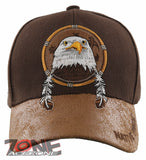 NEW! NATIVE PRIDE EAGLE FEATHERS FAUX LEATHER BASEBALL CAP HAT BROWN