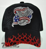 NEW! AMERICAN FLAG MOTO CHOPPERS ENGINE FLAME BIKER CAP HAT BLACK