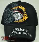 NEW! MOTO CHOPPERS BIKER TO THE BONE SKULL FLAME CAP HAT BLACK