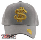 NEW! GOLD DOLLAR SIGN BALL CAP HAT GRAY