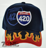 NEW HIGHWAY 420 POT WEED STONED FLAME BALL CAP HAT NAVY