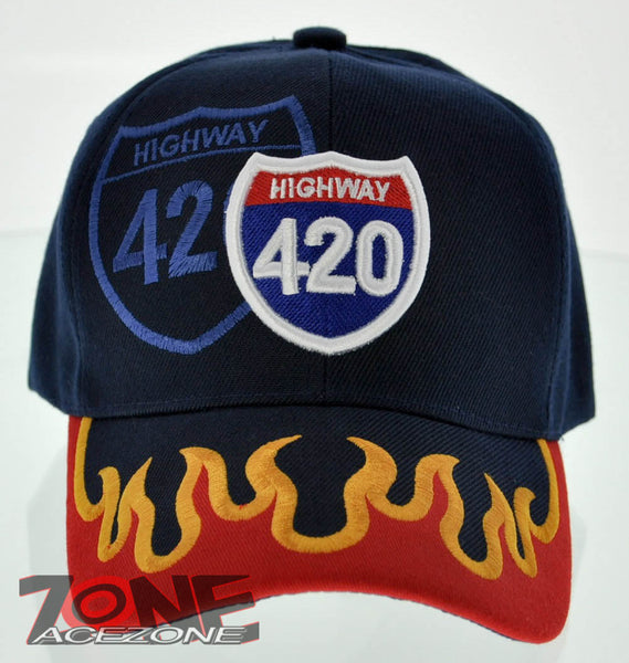 NEW HIGHWAY 420 POT WEED STONED FLAME BALL CAP HAT NAVY