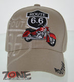 NEW! US ROUTE 66 RED MOTORCYCLE BIKE BALL CAP HAT TAN