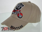 NEW! US ROUTE 66 RED MOTORCYCLE BIKE BALL CAP HAT TAN