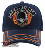 NEW! RIDE TIL DIE SKULL CHOPPER CROSS BIKER ORANGE FLAME BALL CAP HAT NAVY