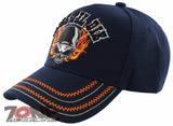 NEW! RIDE TIL DIE SKULL CHOPPER CROSS BIKER ORANGE FLAME BALL CAP HAT NAVY