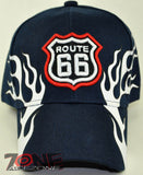 NEW! US ROUTE 66 SIDE FLAME BALL CAP HAT NAVY