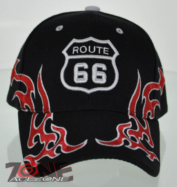 NEW! US ROUTE 66 SIDE FLAME FULL EMBROIDERED BALL CAP HAT BLACK