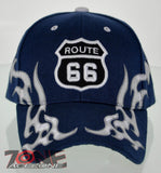 NEW! US ROUTE 66 SIDE FLAME FULL EMBROIDERED BALL CAP HAT NAVY