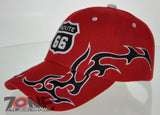 NEW! US ROUTE 66 SIDE FLAME FULL EMBROIDERED BALL CAP HAT RED