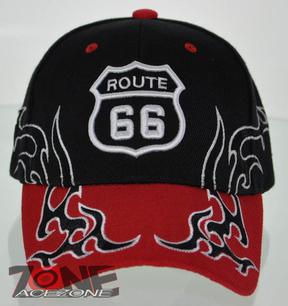 NEW! US ROUTE 66 SIDE FLAME FULL EMBROIDERED BALL BLACK RED CAP HAT