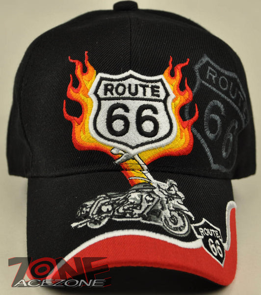 NEW! US ROUTE 66 THE MOTHER ROAD MOTORCYCLE BIKE CAP HAT FLAME BLACK