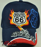 NEW! US ROUTE 66 THE MOTHER ROAD MOTORCYCLE BIKE CAP HAT FLAME NAVY