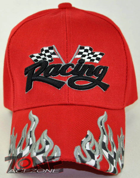 NEW! RACING FLAG CAR MOTO SPORT FLAME BALL CAP HAT RED