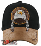 NEW! NATIVE PRIDE EAGLE FEATHERS FAUX LEATHER BASEBALL CAP HAT BLACK