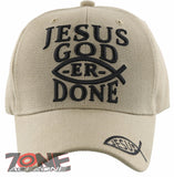 NEW! JESUS GOD ER DONE JESUS FISH CHRISTIAN BALL CAP HAT TAN