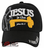 NEW! JESUS IS THE KEYS JOHN 15:7 I LOVE JESUS CHRISTIAN BALL CAP HAT BLACK
