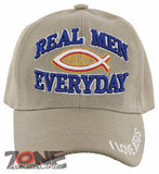 NEW! REAL MEN PRAY EVERYDAY I LOVE JESUS CHRISTIAN BALL CAP HAT TAN