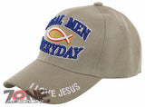 NEW! REAL MEN PRAY EVERYDAY I LOVE JESUS CHRISTIAN BALL CAP HAT TAN