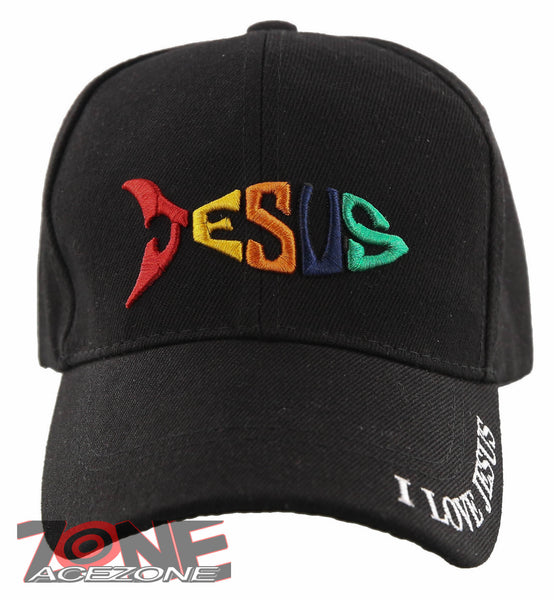 NEW! JESUS FISH I LOVE JESUS CHRISTIAN BALL CAP HAT BLACK