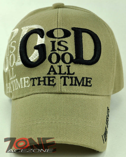 GOD IS GOOD ALL THE TIME I LOVE JESUS CHRISTIAN BALL CAP HAT TAN
