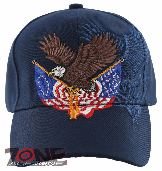 NEW! EAGLE USA DOUBLE FLAG BASEBALL CAP HAT NAVY