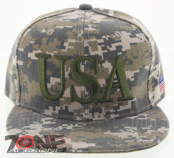 NEW! FLAT BILL USA LETTER SNAPBACK BALL CAP HAT ACU CAMO