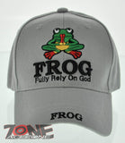 NEW F.R.O.G. FULLY RELY ON GOD PRAYING FROG JESUS CHRISTIAN BALL CAP HAT GRAY