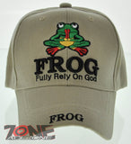 NEW F.R.O.G. FULLY RELY ON GOD PRAYING FROG JESUS CHRISTIAN BALL CAP HAT TAN