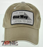LOOK AND ONE WAY LISTEN TO GOD JOHN 3:16 JESUS CHRISTIAN CAP HAT COTTON TAN