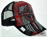 NEW! MESH HOWD CROSS WINGS STONE BALL CAP HAT A1 BLACK RED