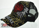 NEW! MESH HOWD RED HEART WING STONE BALL CAP HAT BLACK GOLD