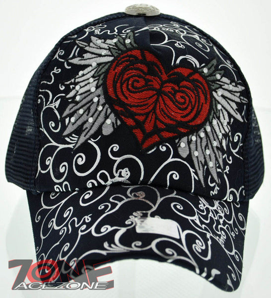 NEW! MESH HOWD RED HEART WING STONE BALL CAP HAT NAVY SILVER