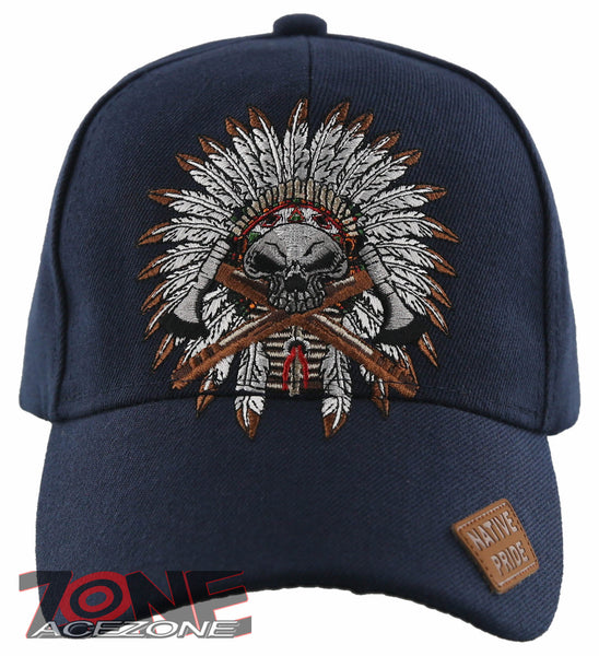 NEW! NATIVE PRIDE HONOR AXE CHIEF SKULL HEAD BASEBALL CAP HAT NAVY