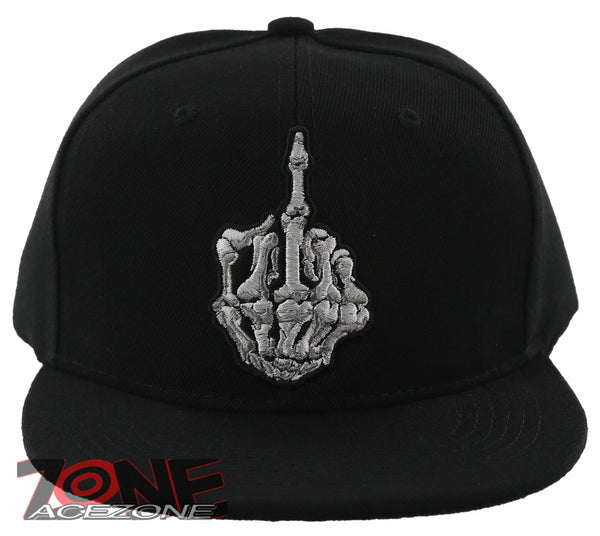 NEW! SKELETON HAND MIDDLE FINGER FLAT BILL SNAPBACK BASEBALL CAP HAT BLACK