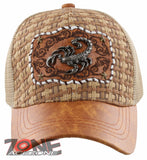 NEW! STRAW MESH METAL SCORPION FAUX LEATHER BALL CAP HAT TAN