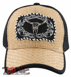 NEW! STRAW MESH METAL SKULL HORN BALL CAP HAT BLACK